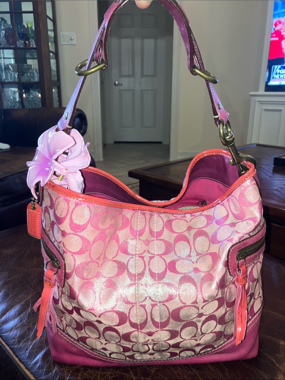 Coach Tie Dye  2005 distressed Pink metallic Signature C Y2K  hobo bag